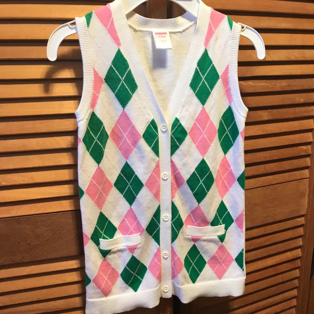 Gymboree Pink, Green & White Argyle Vest